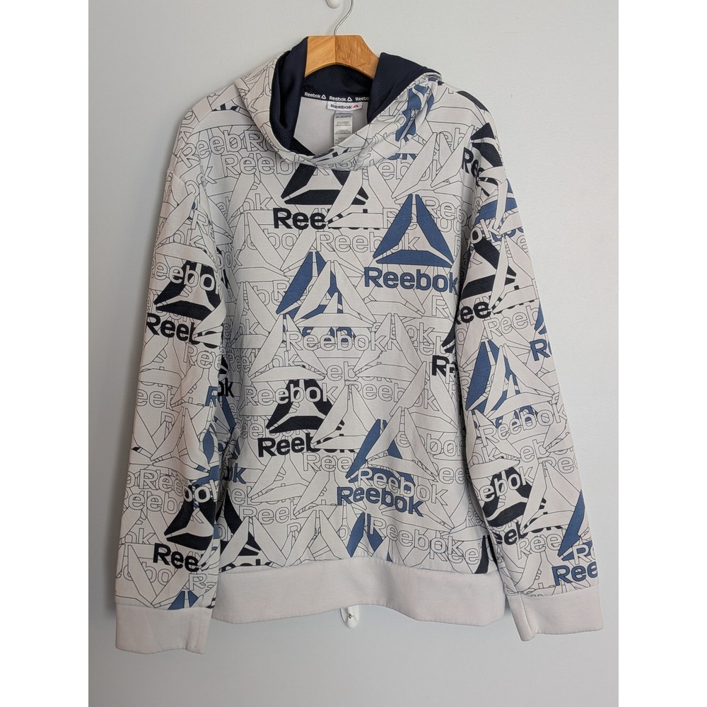 Reebok All Over Logo Print Pullover Hoodie White Blue Black Men's Size 2XL